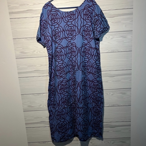 FLAX Linen Maxi Dress Blue Purple Flower Design Large - Picture 2 of 6